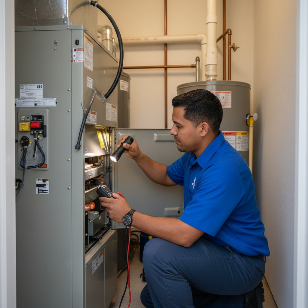 A Boost My Air HVAC professional inspecting a furnace in a Grand Prairie, TX home's utility closet.