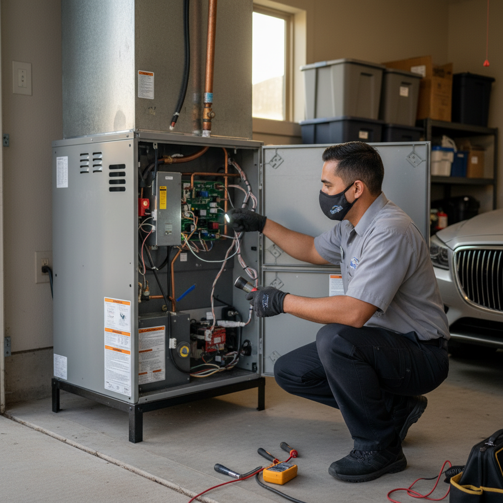 A Boost My Air HVAC professional inspecting an indoor furnace in a Grand Prairie, TX home.
