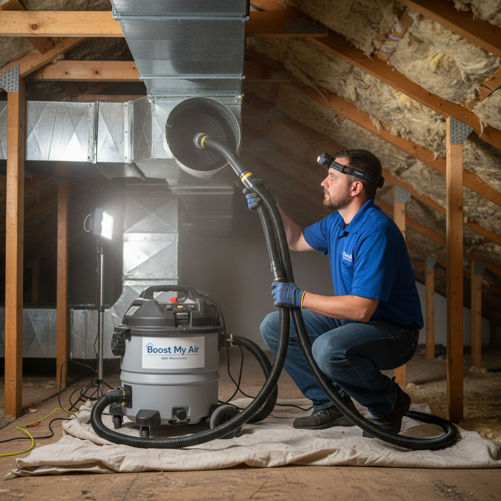 A Boost My Air HVAC professional skillfully performing an air duct cleaning service inside a Grand Prairie, TX home, enhancing air quality throughout the DFW metroplex.