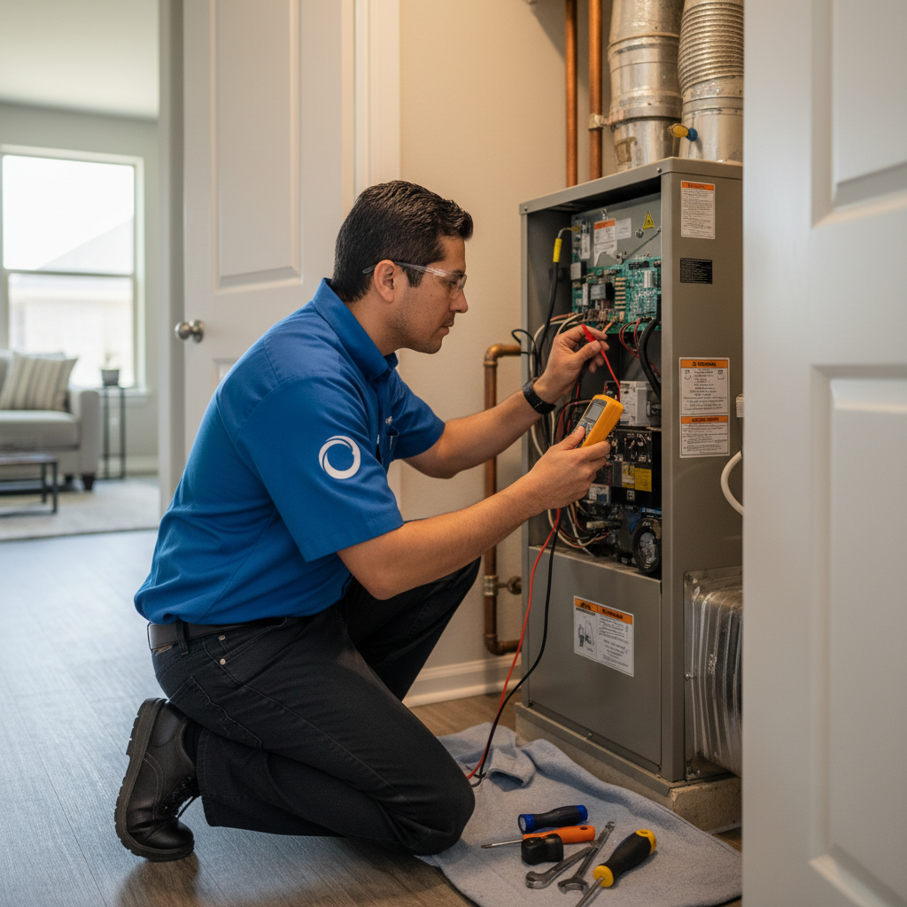 A Boost My Air professional inspecting a residential furnace in a Grand Prairie, TX home.