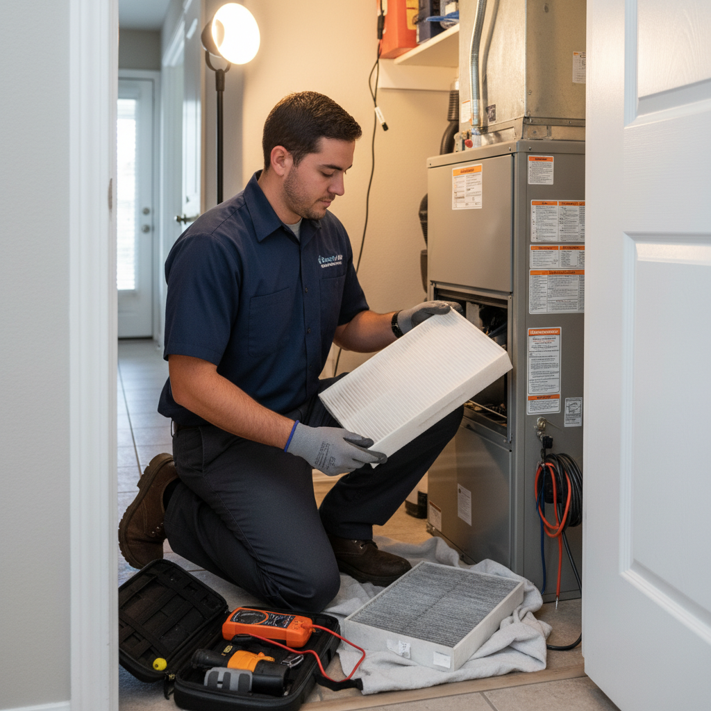 A Boost My Air professional replacing an air filter during an HVAC service in the DFW metroplex, TX.