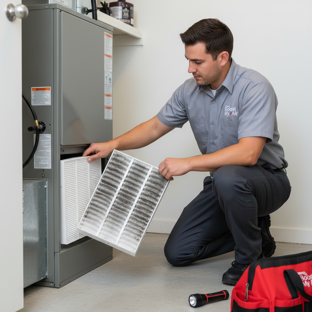 A Boost My Air professional technician replacing an air filter inside a residential HVAC system in Grand Prairie, TX.