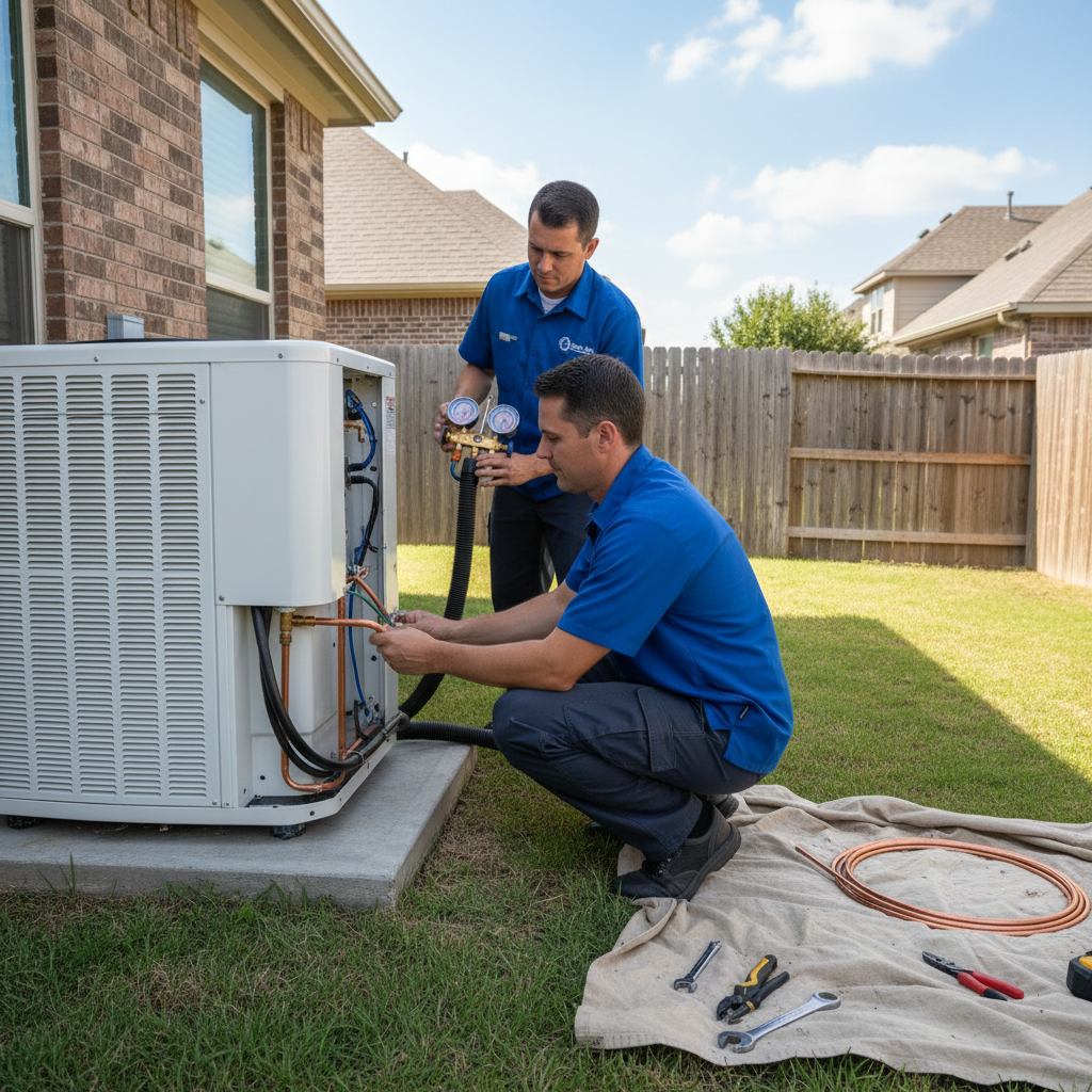 A Boost My Air technician installing a new air conditioning unit in the DFW metroplex, TX.