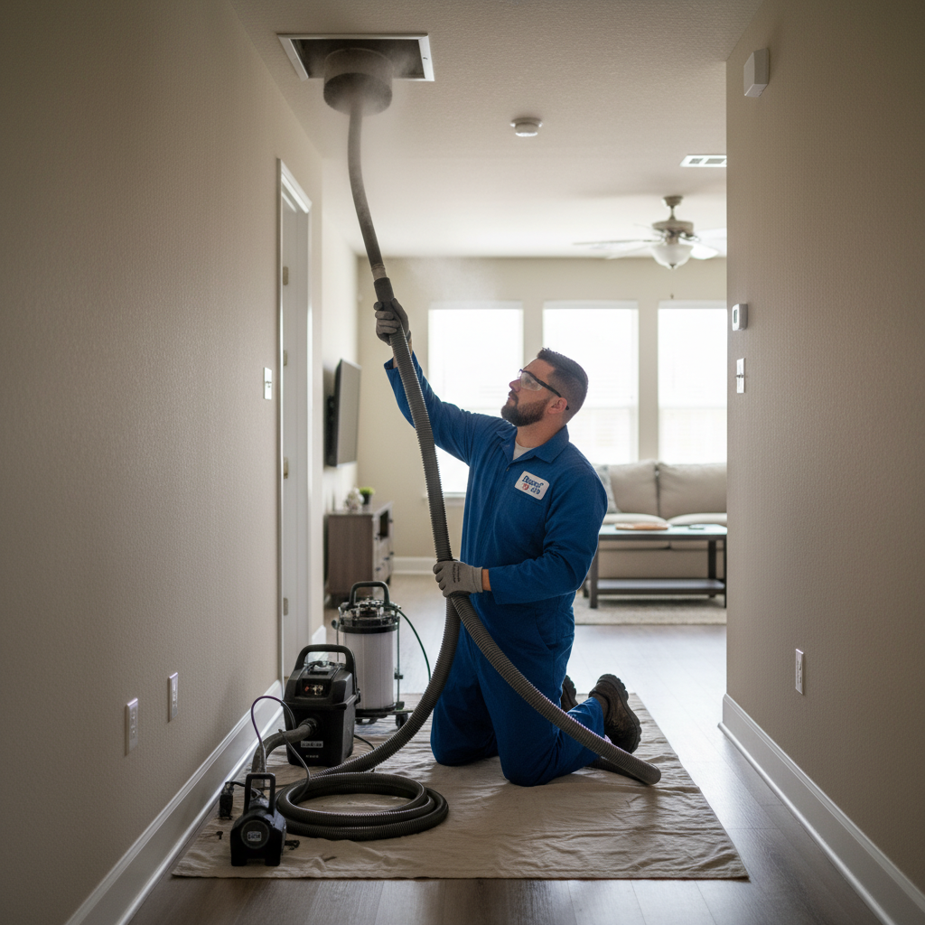 A Boost My Air technician performing air duct cleaning in a Grand Prairie, TX home, improving air quality.
