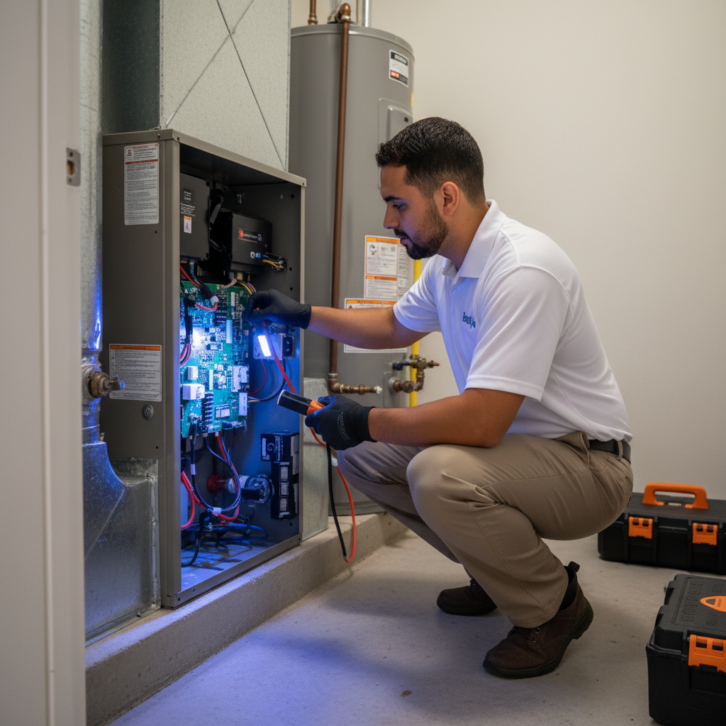 A Boost My Air technician performing HVAC system maintenance on an indoor furnace in a Grand Prairie, TX home.