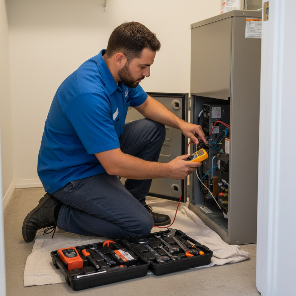 A Boost My Air technician working on an indoor furnace in Grand Prairie, TX.