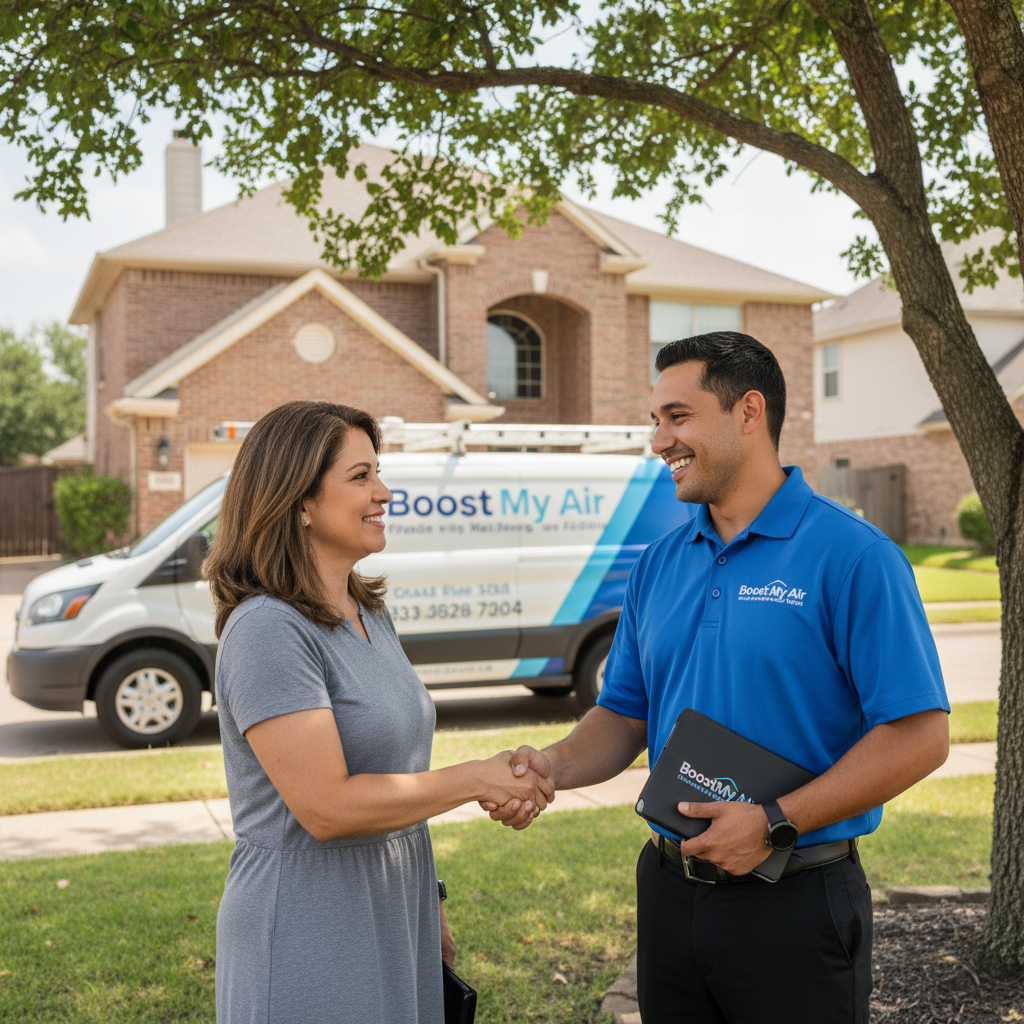 A friendly Boost My Air technician greeting a homeowner at their Grand Prairie, TX residence, ready to provide expert HVAC service in the DFW metroplex.