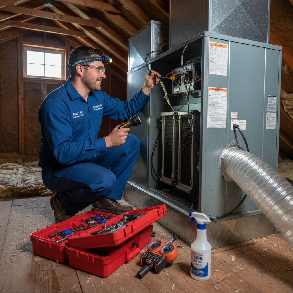 A friendly HVAC technician inspecting an air handler in a Grand Prairie, TX home.