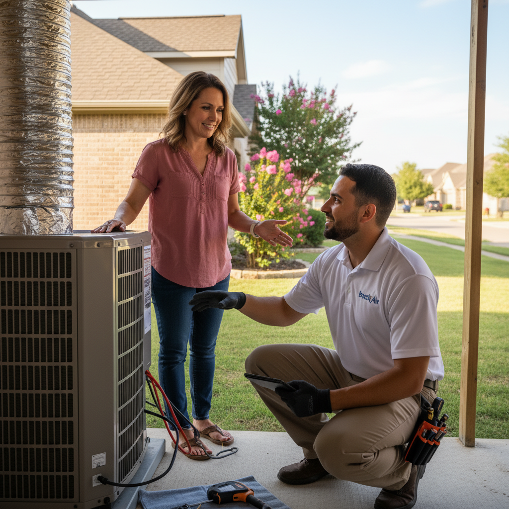 A smiling Boost My Air HVAC technician providing friendly service to a homeowner in the DFW metroplex, TX.