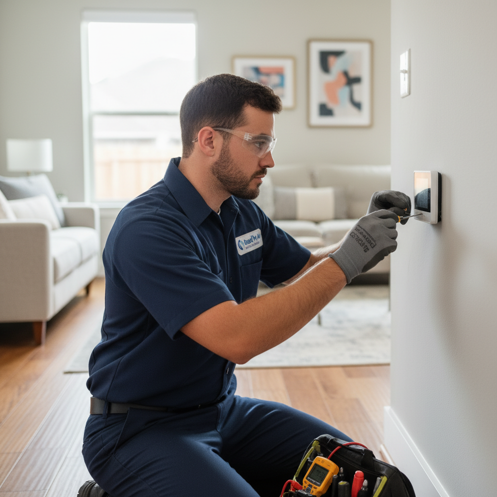 An air conditioning repair service by Boost My Air, troubleshooting a thermostat in a DFW metroplex home.