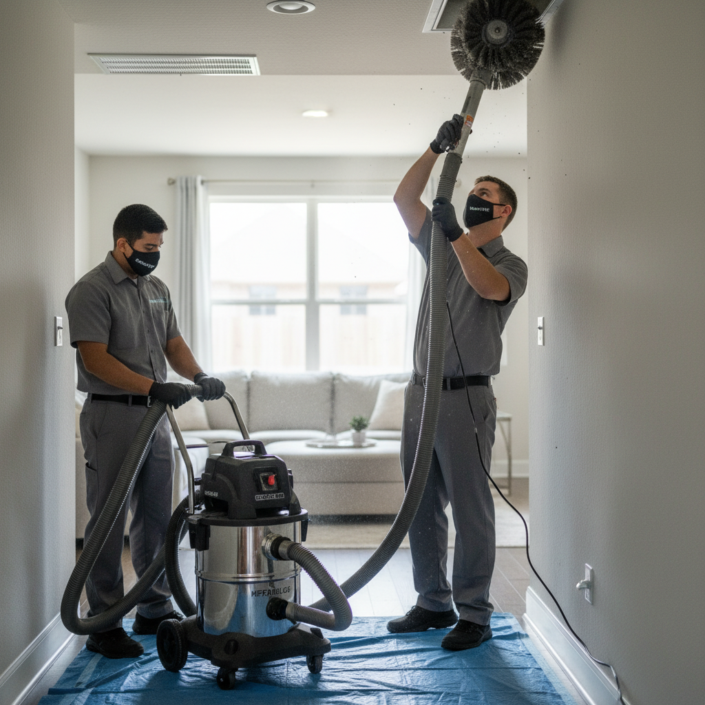 An air duct cleaning service in progress by Boost My Air in a DFW metroplex, TX residence.