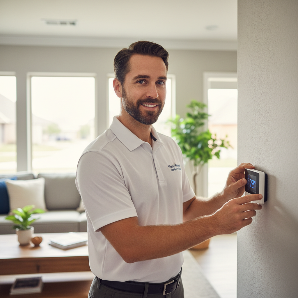 An HVAC expert adjusting a modern thermostat in a DFW metroplex home, ensuring optimal comfort.