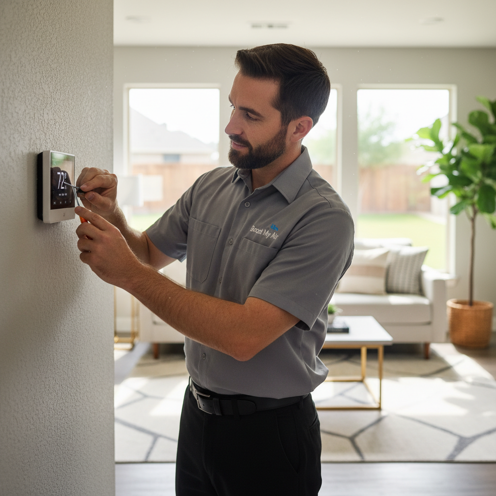 An HVAC expert adjusting a thermostat in a modern Grand Prairie, TX home living room.