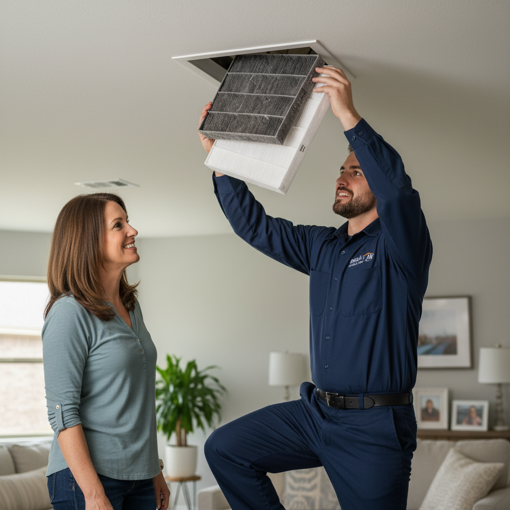 An HVAC expert from Boost My Air replacing an air filter for a client in the DFW metroplex, TX.