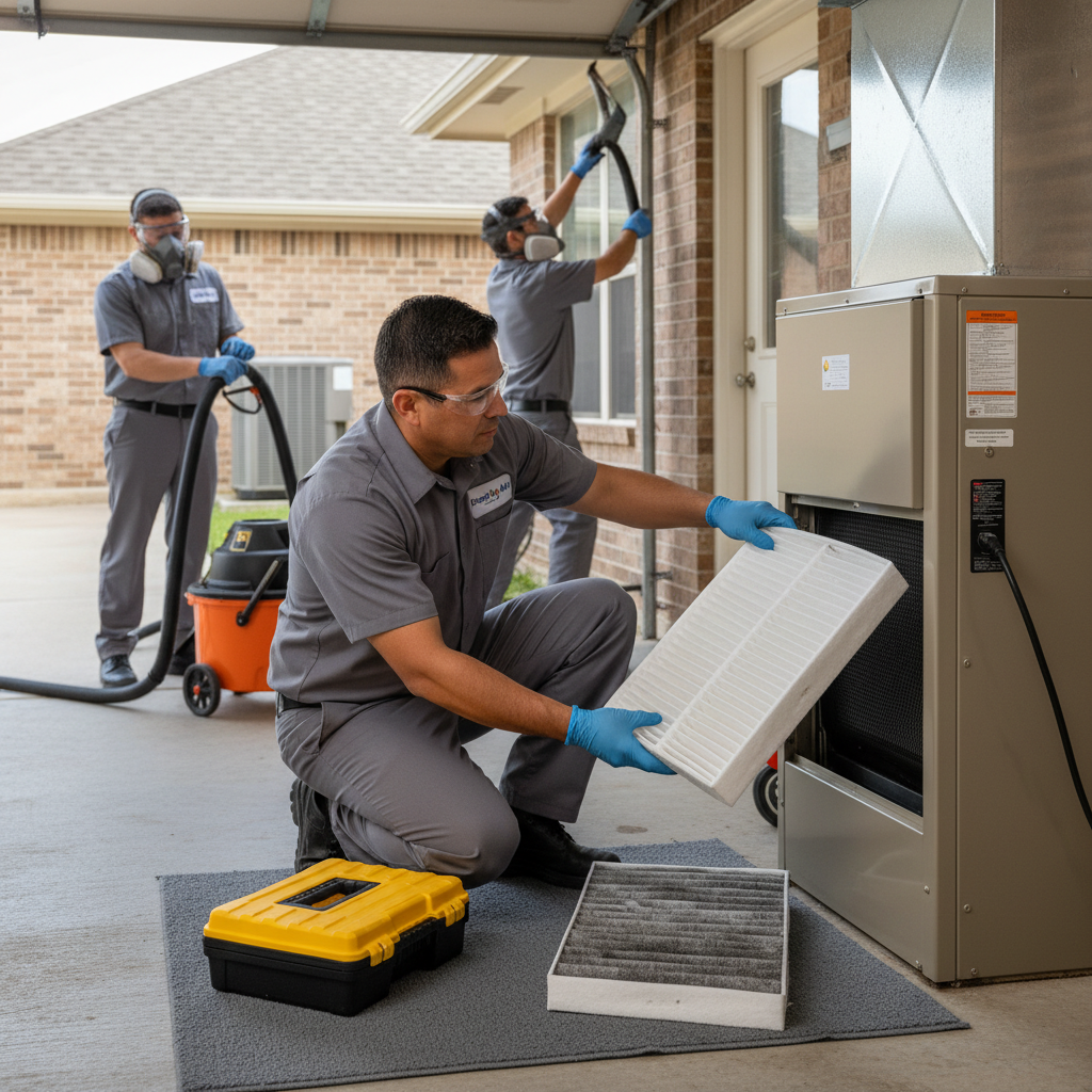 An HVAC expert replacing an air filter inside a residential furnace in Grand Prairie, TX.