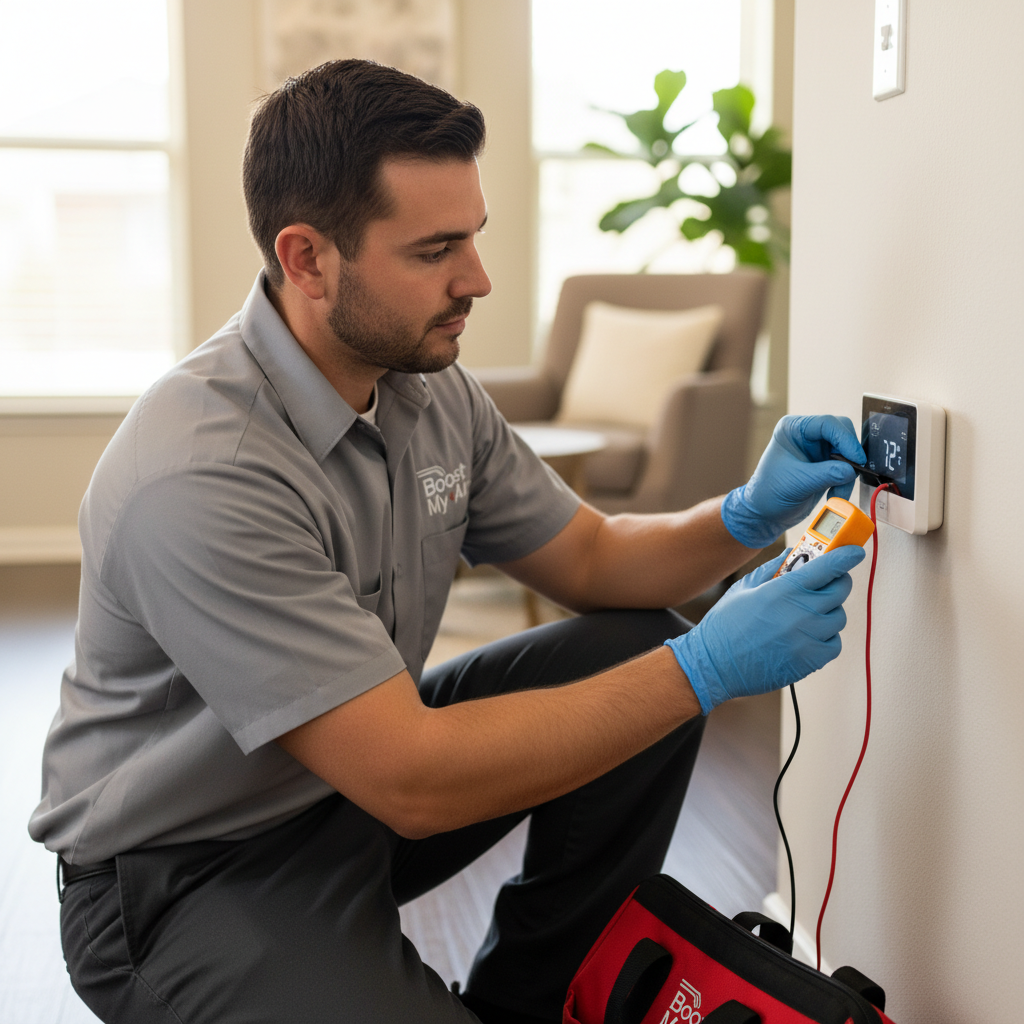 An HVAC professional from Boost My Air checking a thermostat for air conditioning service in a Grand Prairie, TX home.