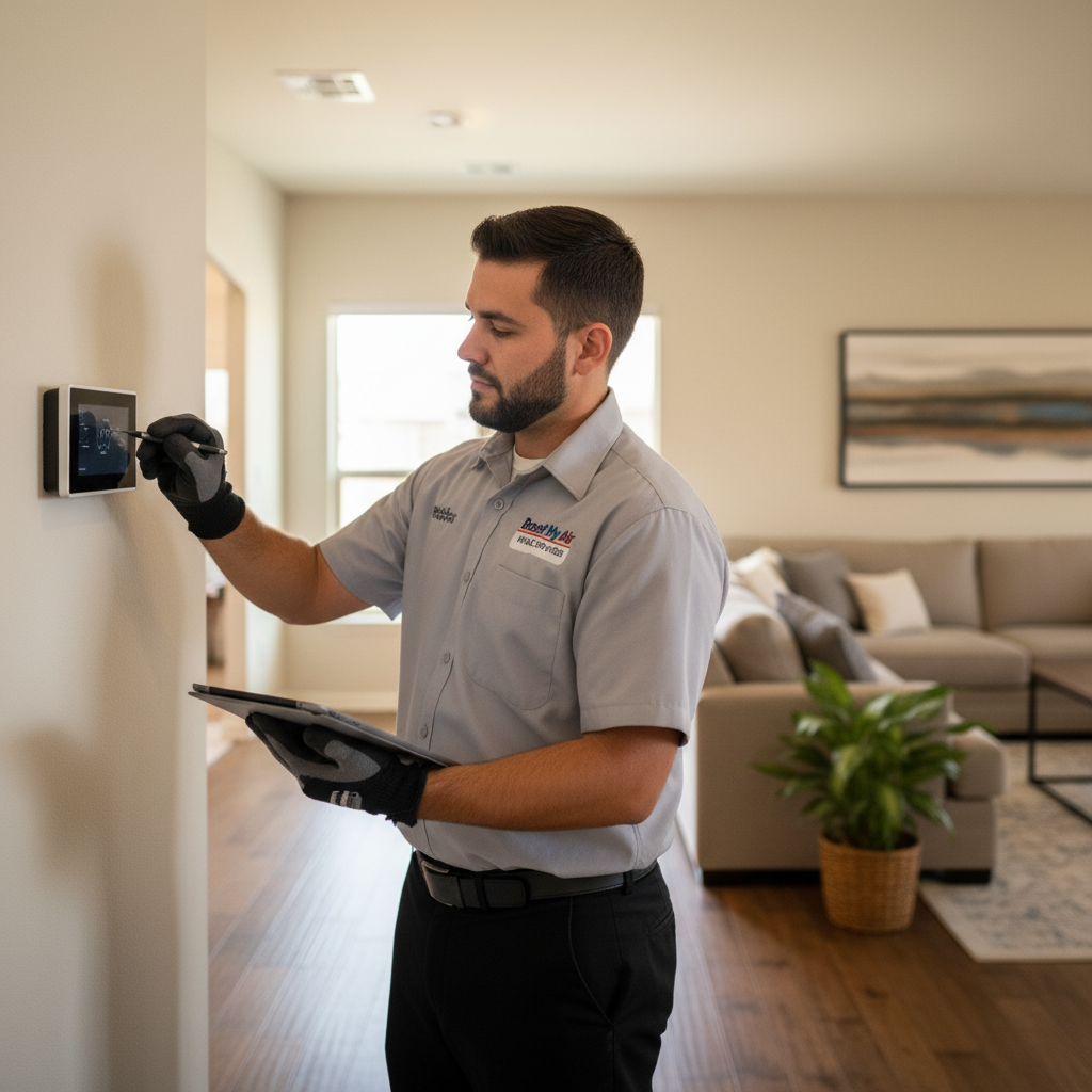 An HVAC professional from Boost My Air inspecting a thermostat in a modern DFW metroplex home.