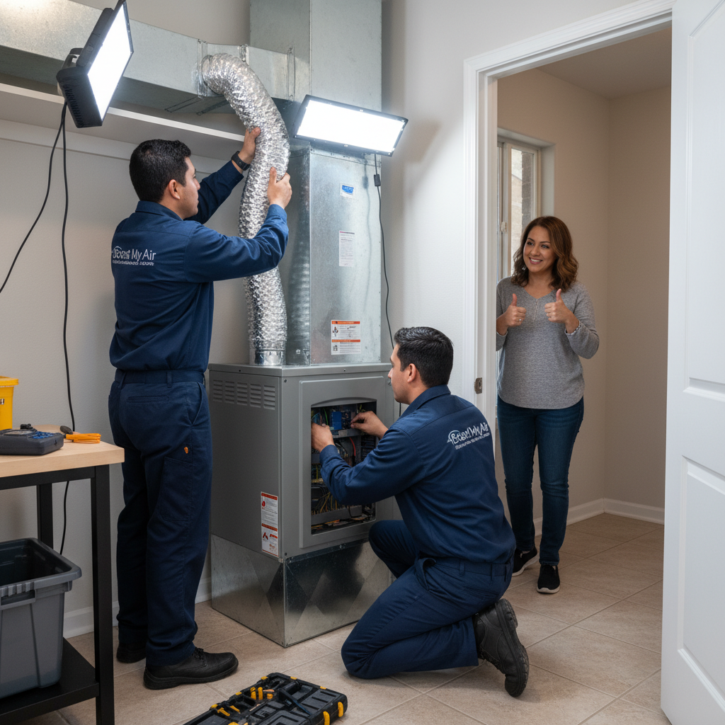 An HVAC professional installs a new furnace in a residential home in the DFW metroplex, TX.