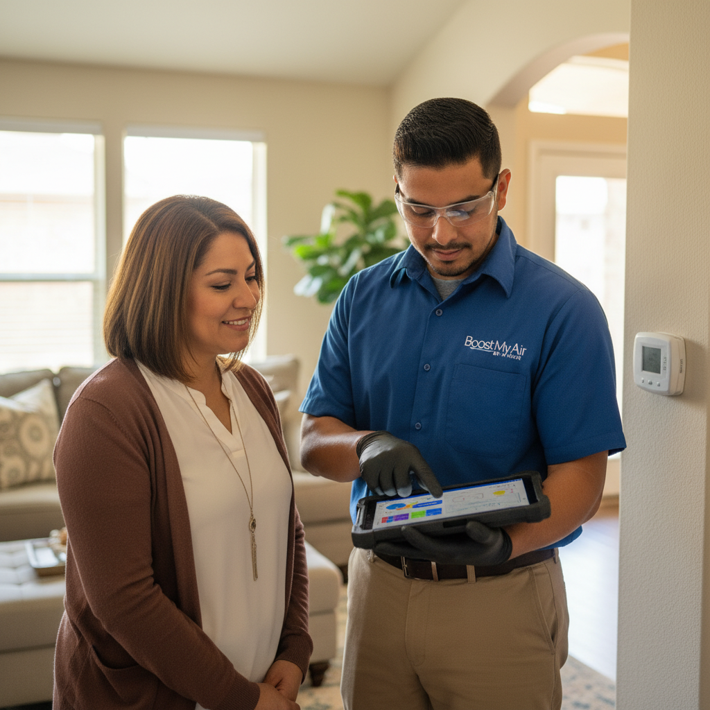 An HVAC technician explaining diagnostic readings on a tablet to a homeowner in Grand Prairie, TX.