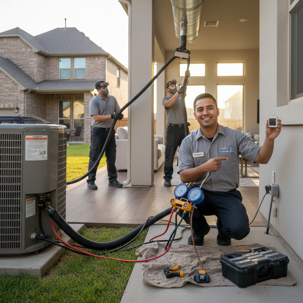 An HVAC technician from Boost My Air in Grand Prairie, TX, diagnosing an outdoor air conditioning unit.