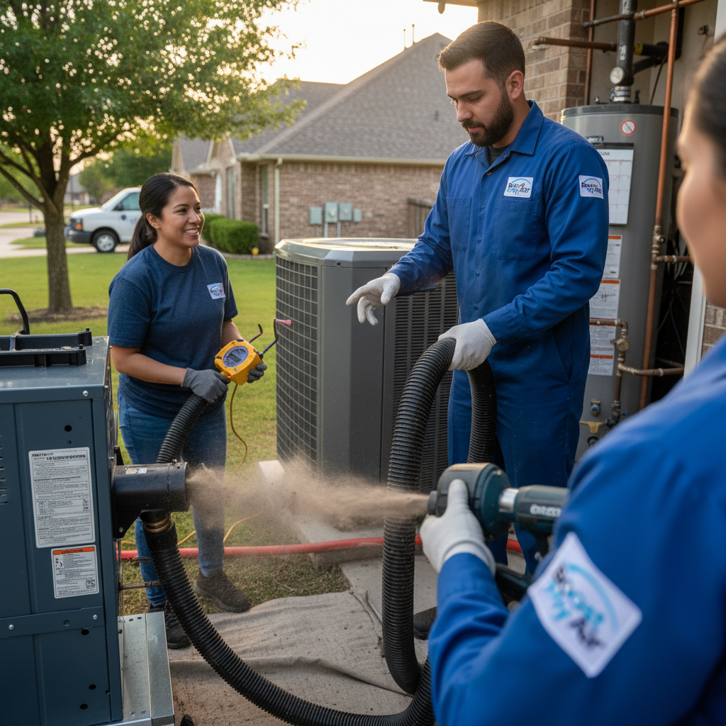 An HVAC technician from Boost My Air in Grand Prairie, TX, diagnosing a residential air conditioning unit.