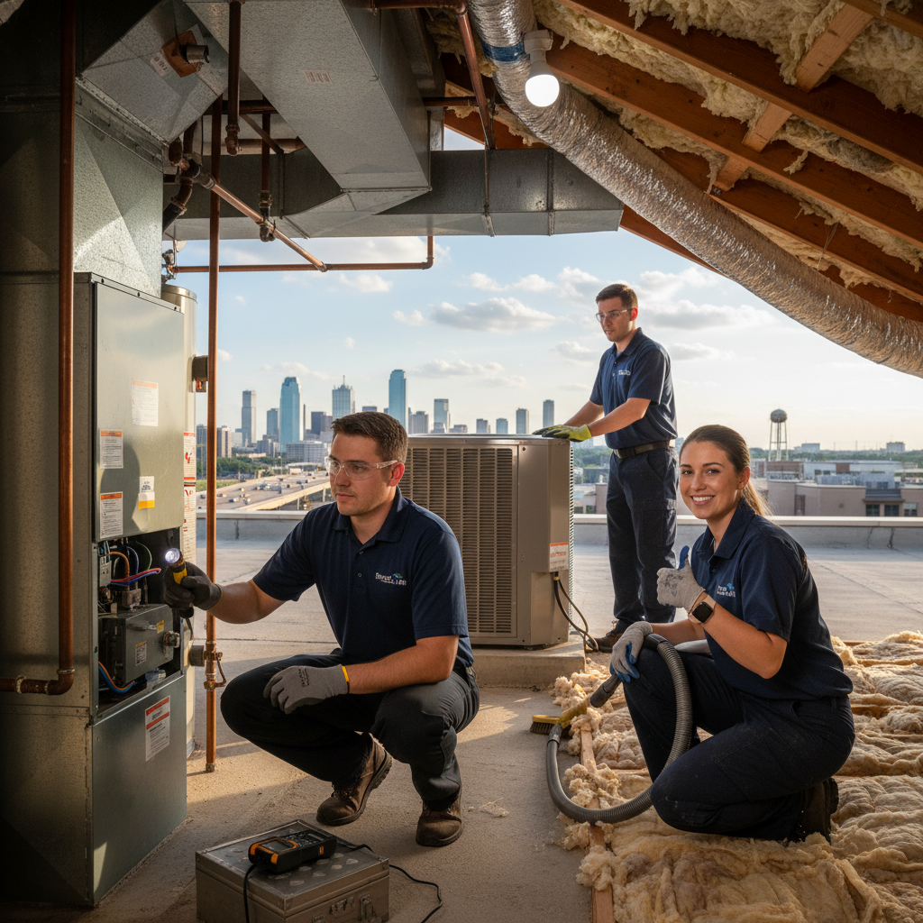 An HVAC technician from Boost My Air inspecting a furnace in a Grand Prairie, TX home.