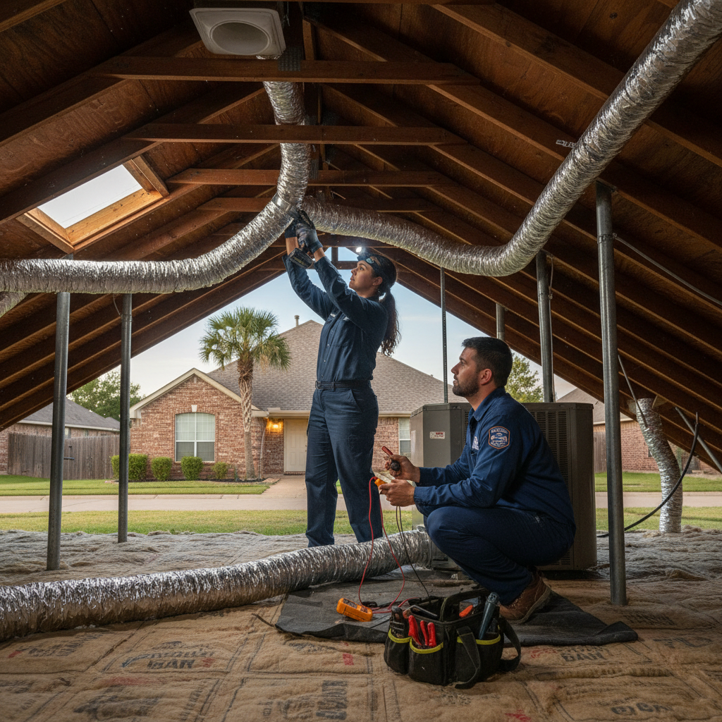 An HVAC technician from Boost My Air inspecting an air conditioning unit outside a home in Grand Prairie, TX.