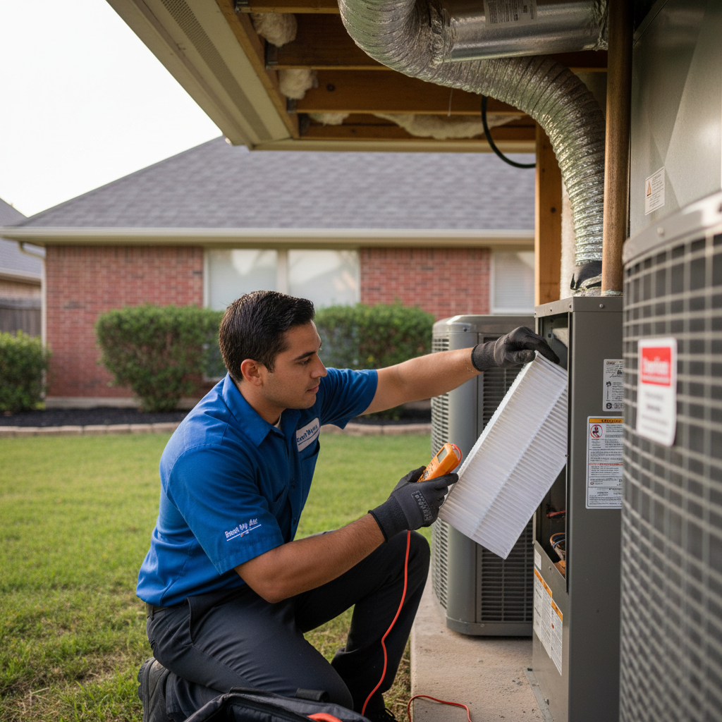 An HVAC technician from Boost My Air inspecting an air conditioning unit in a Grand Prairie, TX home.