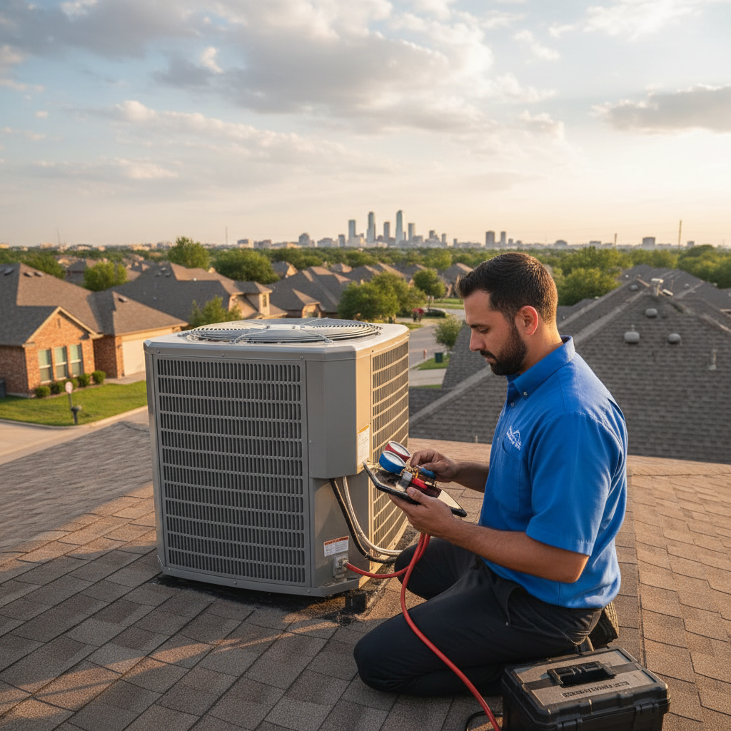 An HVAC technician from Boost My Air inspecting an air conditioning unit in a Grand Prairie, TX home.