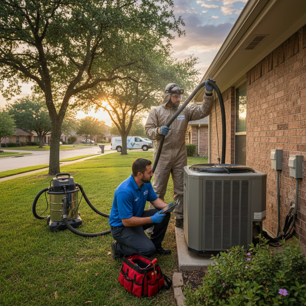 An HVAC technician from Boost My Air inspecting an outdoor air conditioning unit in a residential Grand Prairie, TX backyard.