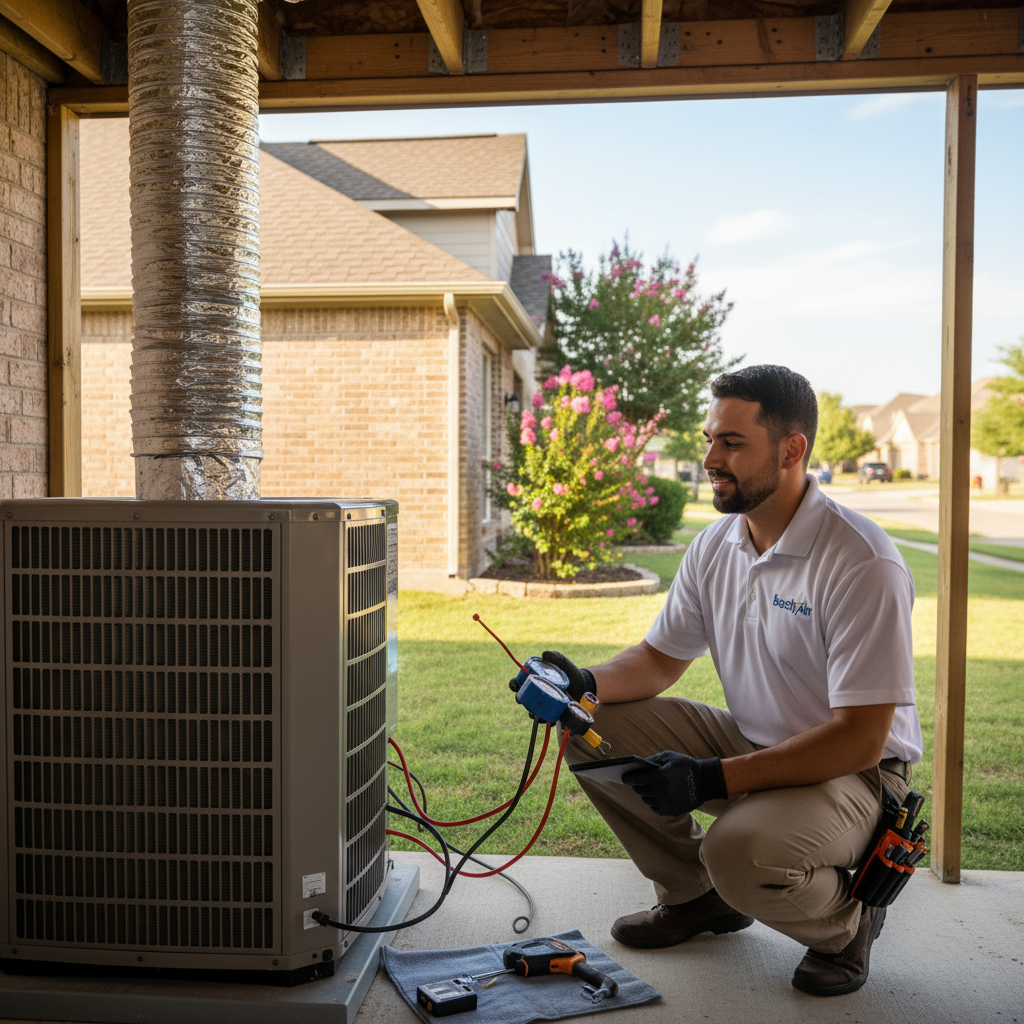 An HVAC technician from Boost My Air inspecting an outdoor AC unit in a residential Grand Prairie, TX backyard.
