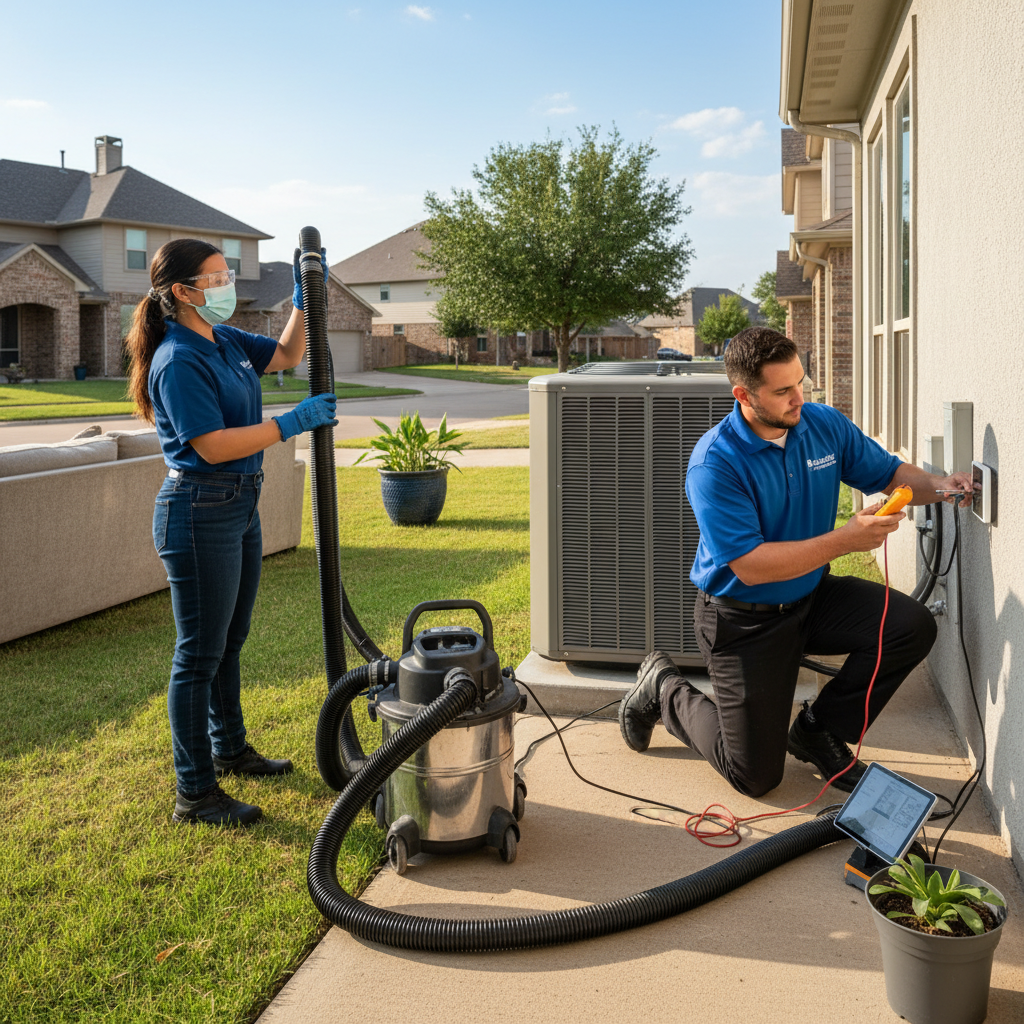 An HVAC technician from Boost My Air meticulously inspecting an outdoor air conditioning unit in Grand Prairie, TX.