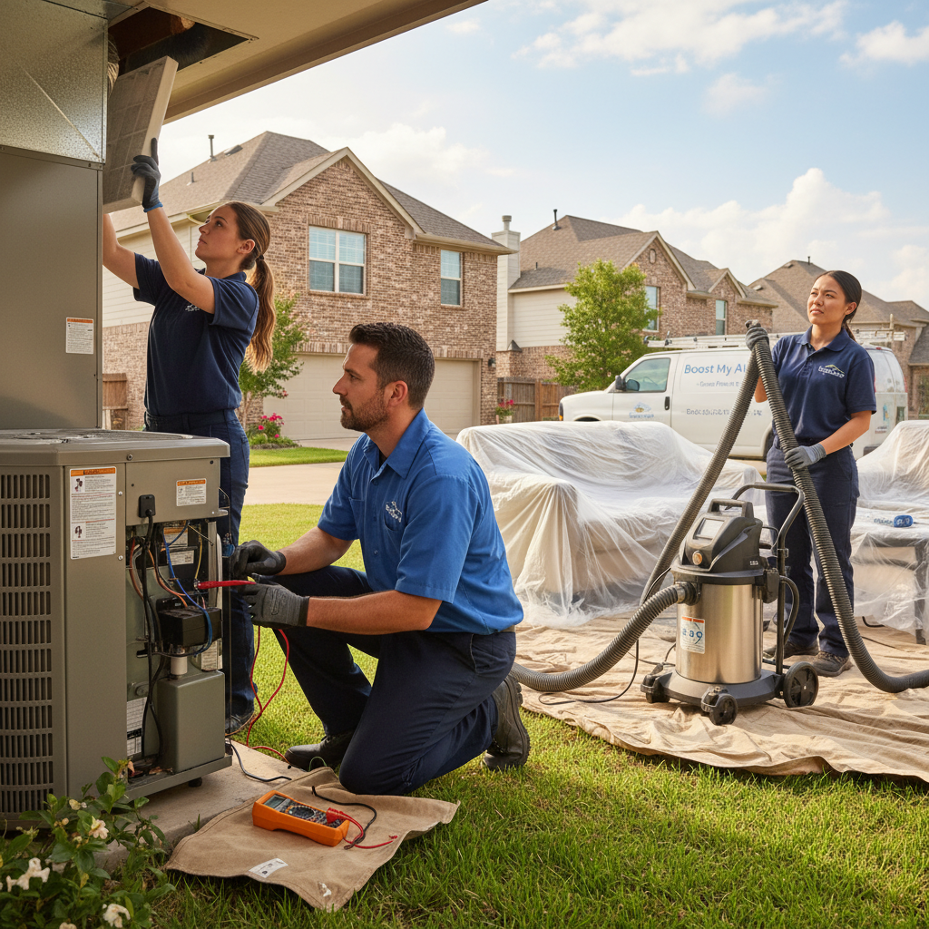 An HVAC technician from Boost My Air meticulously inspects an outdoor AC unit in Grand Prairie, TX.
