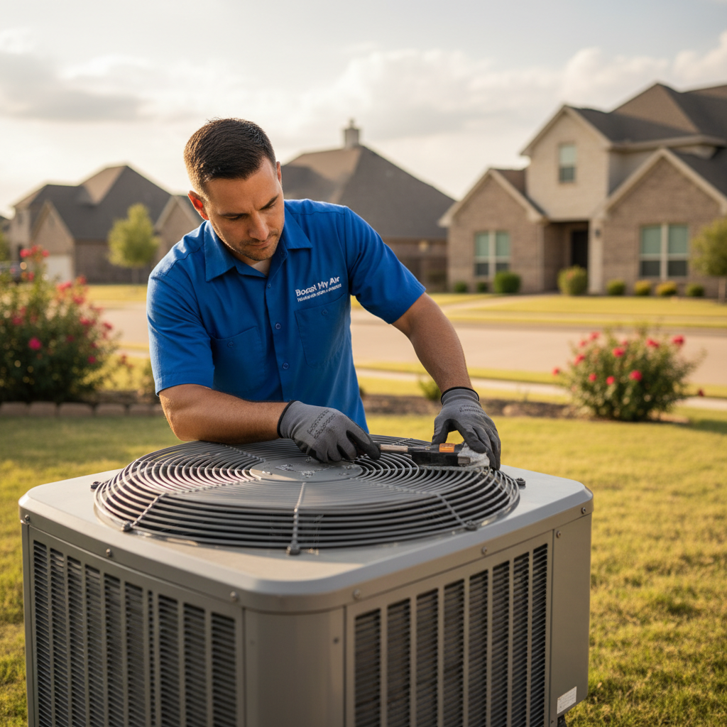 An HVAC technician from Boost My Air performing maintenance on an outdoor AC unit in Grand Prairie, TX.