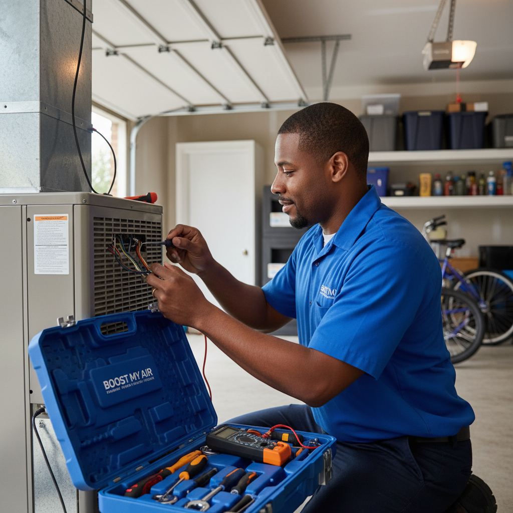An HVAC technician from Boost My Air performing routine maintenance on a furnace in a Grand Prairie, TX home.