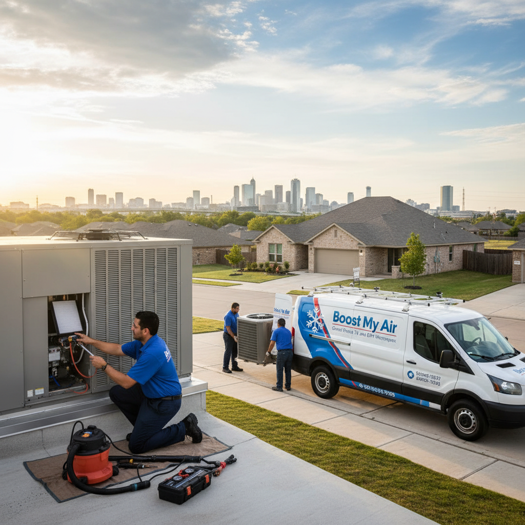 An HVAC technician from Boost My Air servicing a commercial air conditioning unit in Grand Prairie, TX.