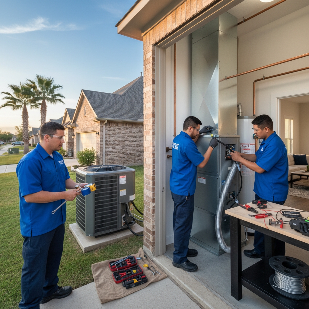 An HVAC technician from Boost My Air servicing a residential air conditioning unit in Grand Prairie, TX.