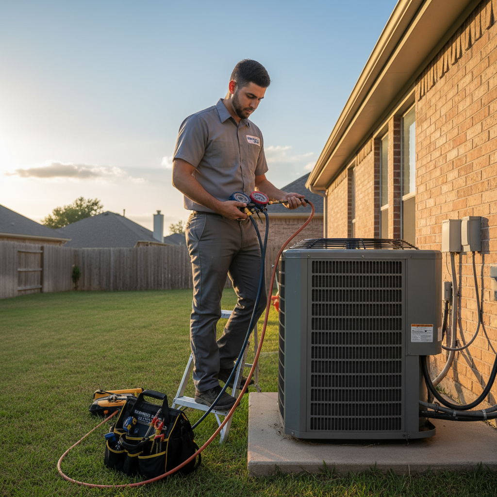 An HVAC technician from Boost My Air servicing a residential air conditioning unit in Grand Prairie, TX.