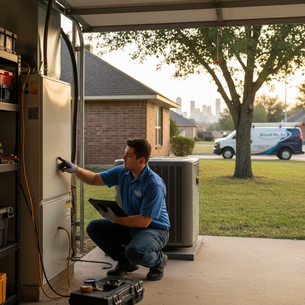 An HVAC technician from Boost My Air servicing an outdoor AC unit in a Grand Prairie, TX backyard.