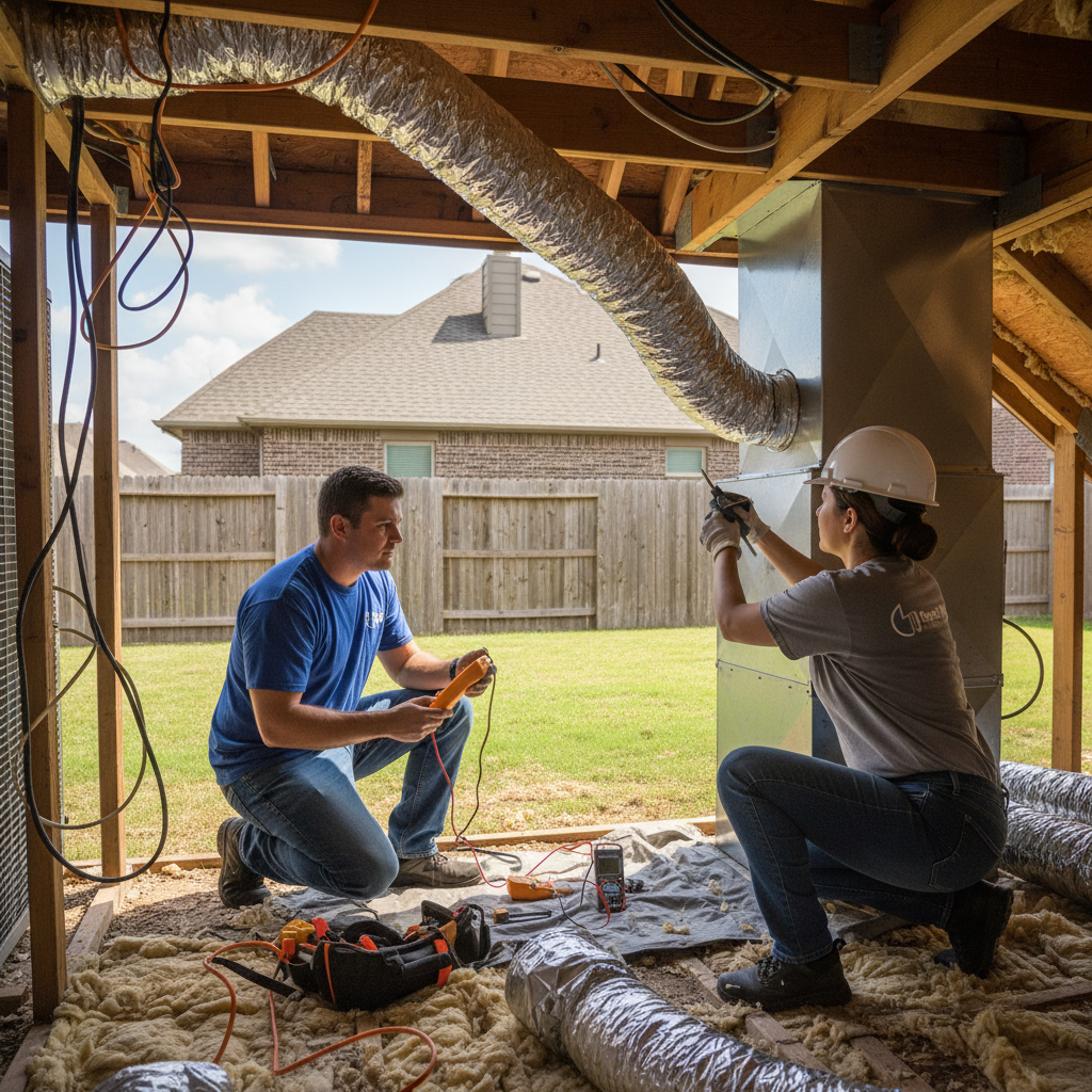 An HVAC technician from Boost My Air servicing an outdoor AC unit in a residential backyard in Grand Prairie, TX.