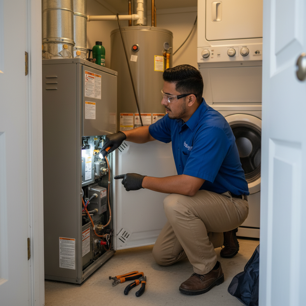 An HVAC technician inspecting a furnace in a utility closet of a home in the DFW metroplex, TX.