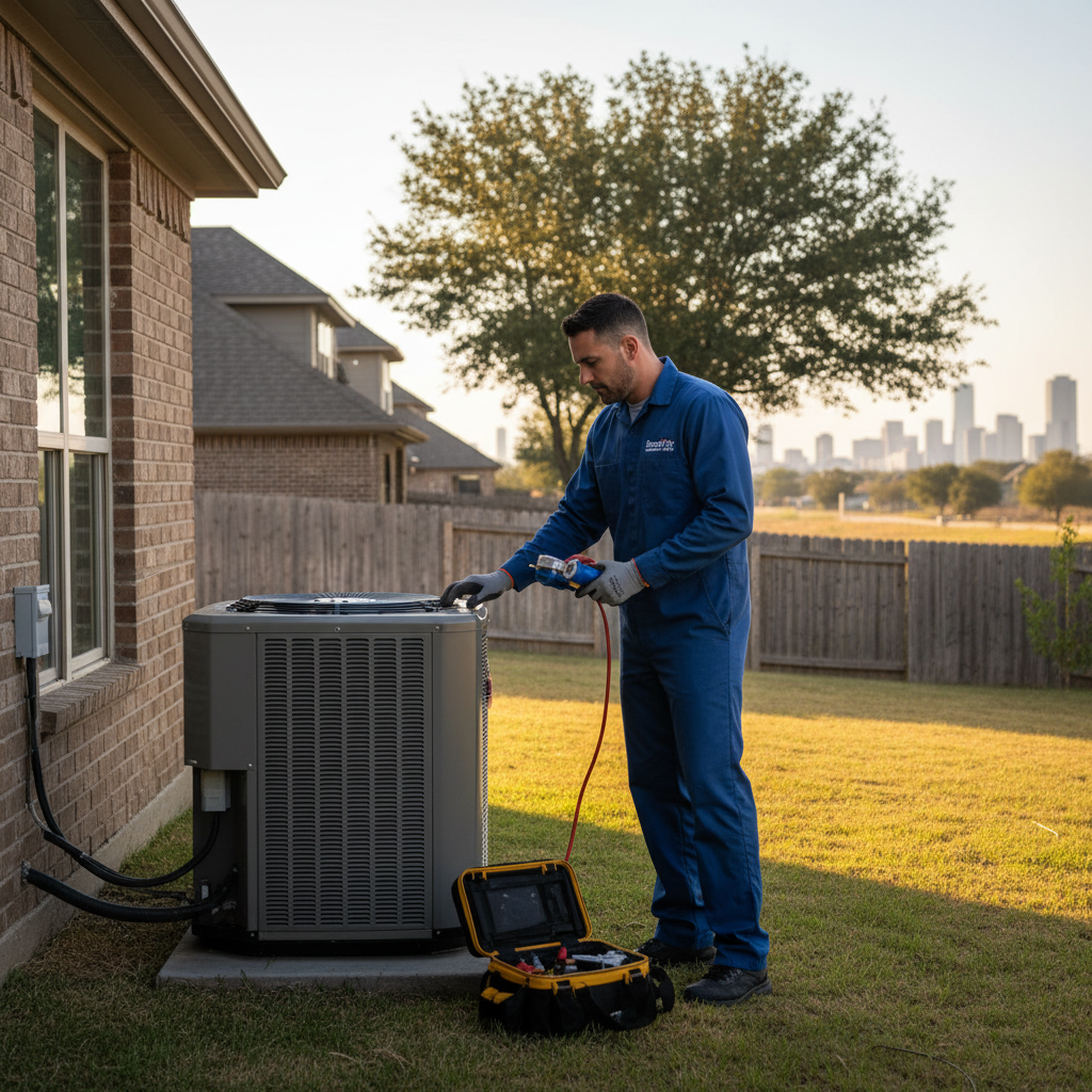 An HVAC technician inspecting a residential air conditioning unit in Grand Prairie, TX, ensuring optimal performance for DFW metroplex homes.