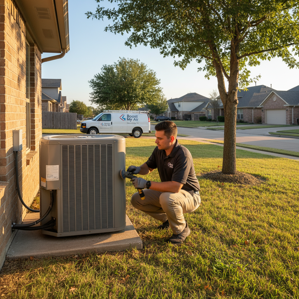 An HVAC technician inspecting an outdoor AC unit in a residential backyard in Grand Prairie, TX.