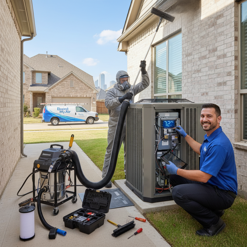An HVAC technician inspecting an outdoor AC unit in Grand Prairie, TX, ensuring optimal air conditioning.
