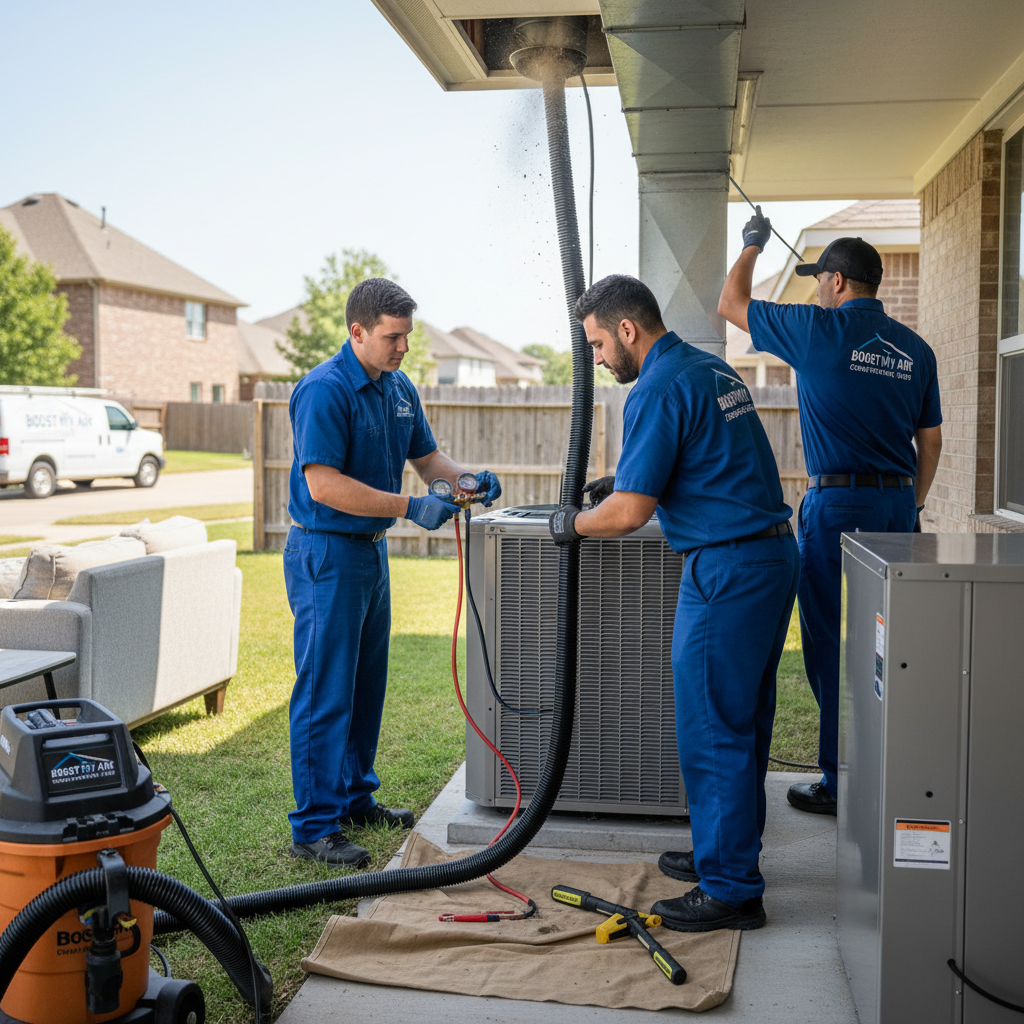 An HVAC technician inspecting an outdoor AC unit in Grand Prairie, TX, ensuring optimal air conditioning.
