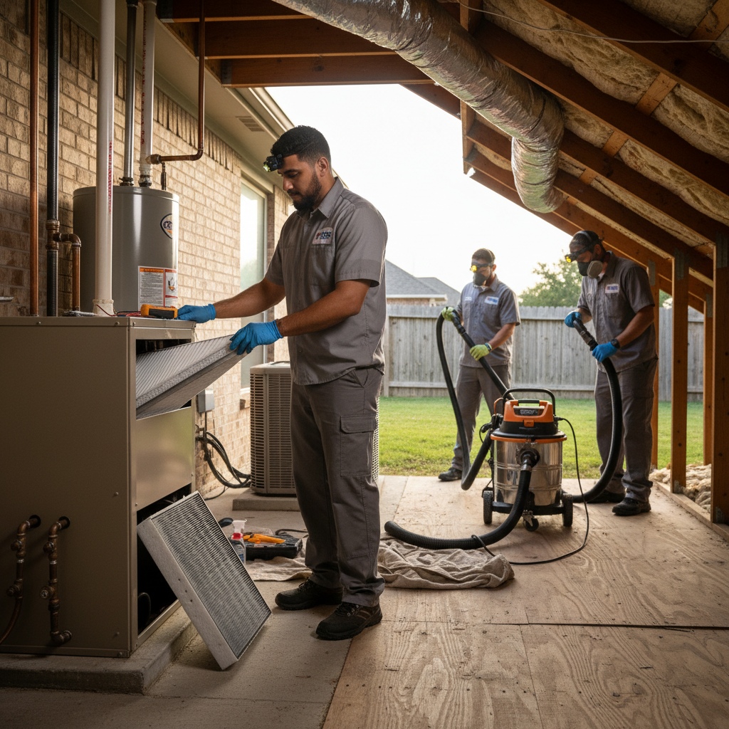 An HVAC technician inspecting an outdoor air conditioning unit in a Grand Prairie, TX backyard.