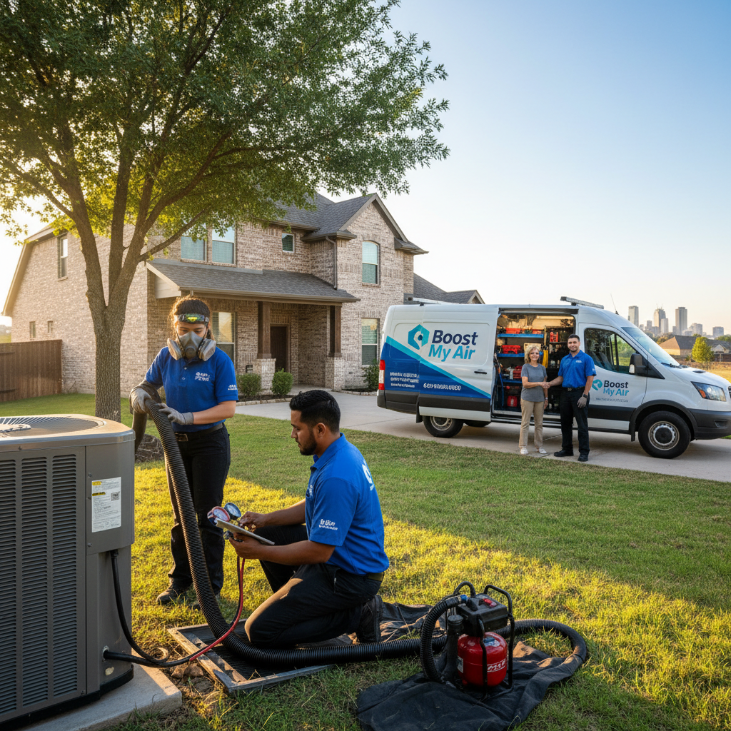 An HVAC technician inspecting an outdoor air conditioning unit in a Grand Prairie, TX home.