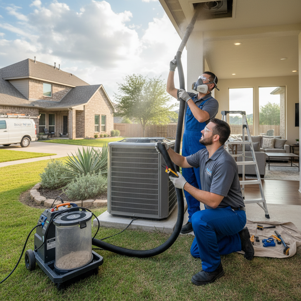 An HVAC technician inspecting an outdoor air conditioning unit in a Grand Prairie, TX backyard.