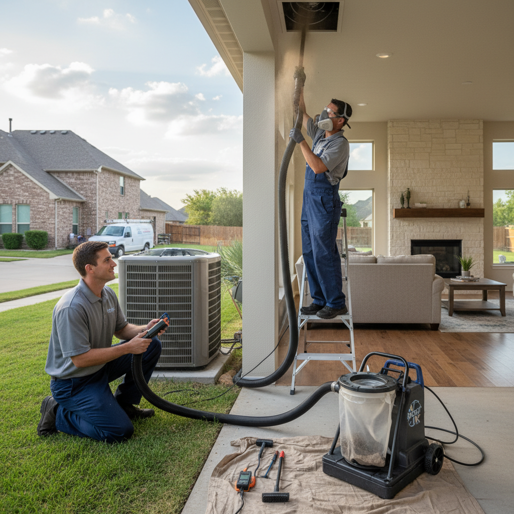 An HVAC technician inspecting an outdoor air conditioning unit in a Grand Prairie, TX backyard.