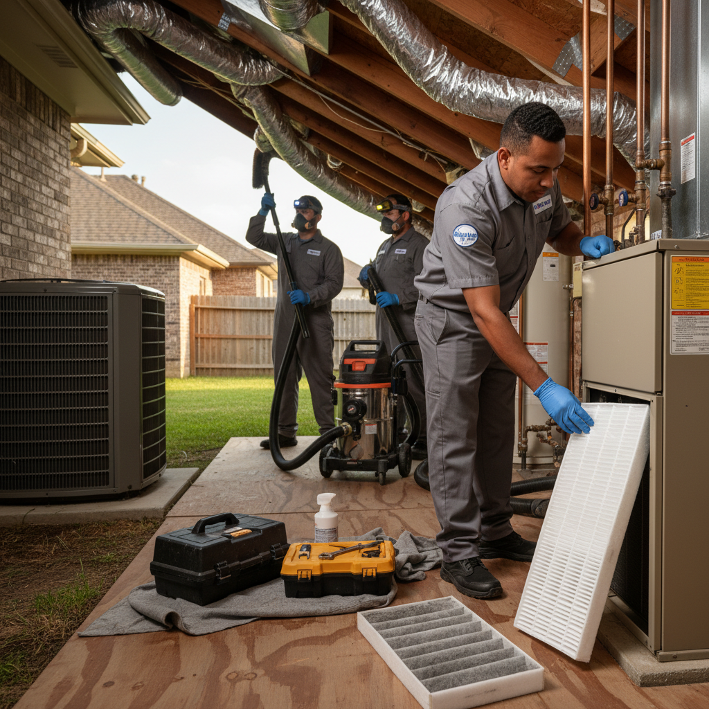 An HVAC technician inspecting an outdoor air conditioning unit in a Grand Prairie, TX backyard.